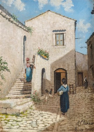 OLIO su tavoletta "cortile di Erice", firmato in basso a destra. Misure: cm...