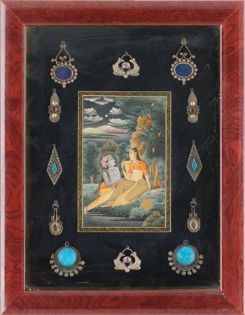 TECNICA mista "scena orientale", guarnita con pendenti di orecchini in...