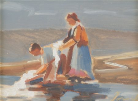 OLIO su tavoletta "lavandaie". XX secolo Misure: cm 17 x 23