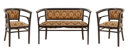 SALOTTO Liberty in faggio composto da DIVANO e da due POLTRONE. Primi '900...