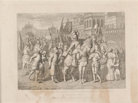 STAMPA in bianco e nero "Luigi Re d'Ungheria entra a Durazzo". XX secolo...