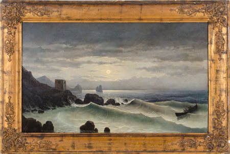 OLIO su tela "paesaggio costiero notturno", firmato in basso a sinistra....