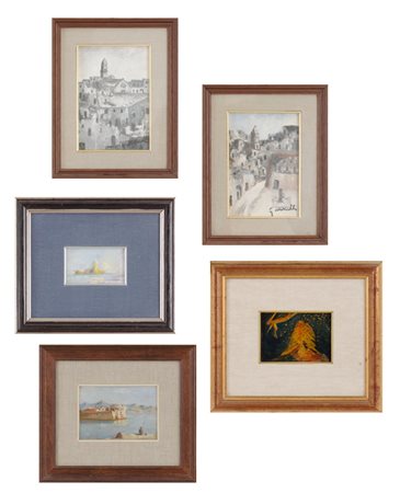 LOTTO composto da due OLI raffiguranti "scorci di paese" OLIO "figura...