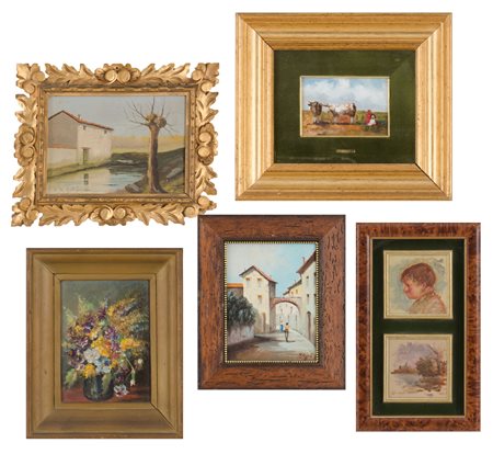 LOTTO composto da doppia TECNICA mista "volto di bambino" e "paesaggio", OLIO...