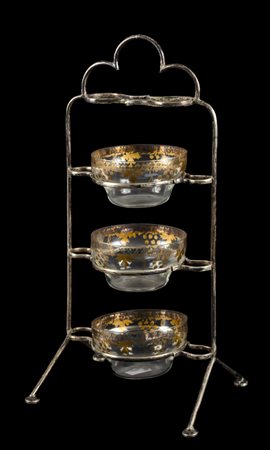 ALZATA portaciotole in ottone con ciotole in vetro decorate in oro. Primi...