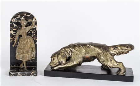 DUE SCULTURE in bronzo raffiguranti "cane" e "ballerina", basi in marmo. XX...