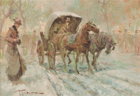 OLIO su tela "strada parigina con carrozza", firmato in basso a destra. XX...