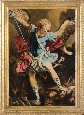OLIO su tela "San Michele Arcangelo" entro cornice in legno dorato ad argento...