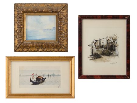 LOTTO composto da PICCOLO acquarello raffigurante "veduta di Venezia con...