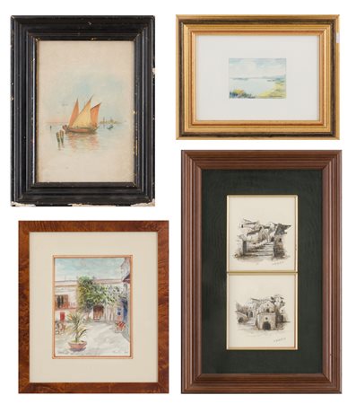 LOTTO composto da doppio ACQUARELLO "caseggiato", ACQUARELLO "Erice",...