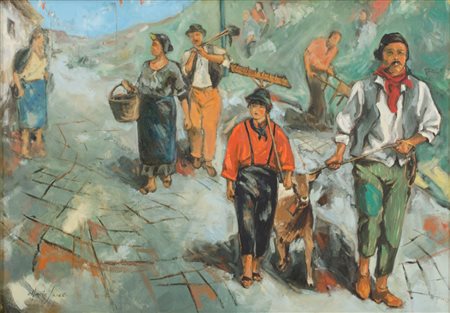 DARIO SARCI' OLIO su tela "ritorno dal lavoro", firmato in basso a sinistra....