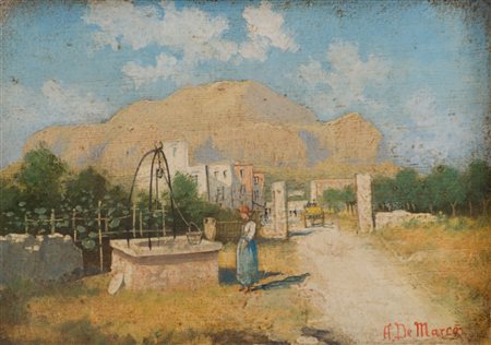 A. DE MARCO OLIO su tavoletta "paesaggio siciliano", firmato in basso a...