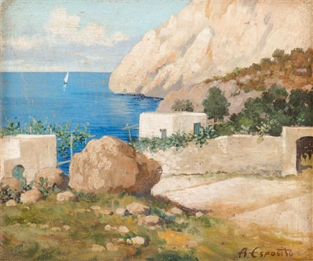 A. ESPOSITO OLIO su tavoletta "paesaggio costiero", firmato in basso a...