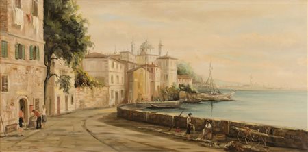 OLIO su tela "veduta di porto con pescatori". XX secolo Misure: cm 60 x 120