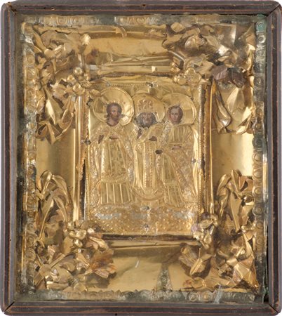 ICONA con riza in lamina dorata raffigurante "Santi Ortodossi". Russia fine...