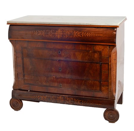 CASSETTONE Isabellino in palissandro e piuma di mogano, tarsie in bosso e...