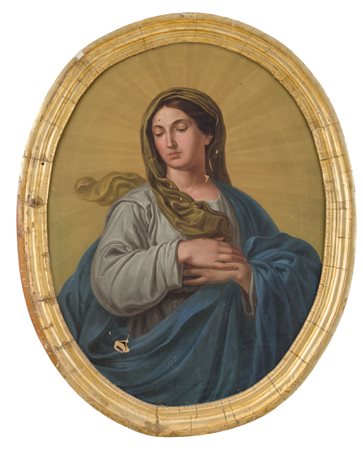 OLIO su tela "Madonna" entro cornice coeva in legno dorato ad argento a mecca...
