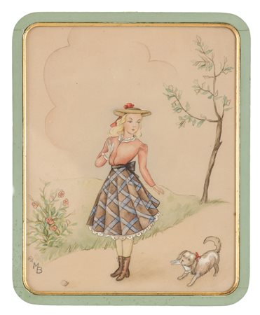 ACQUARELLO su carta "figura femminile con cane", monogrammato in basso a...