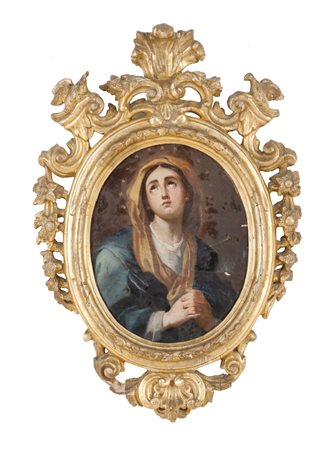 OLIO su tela ovale "Madonna addolorata" entro cornice in legno intagliato e...