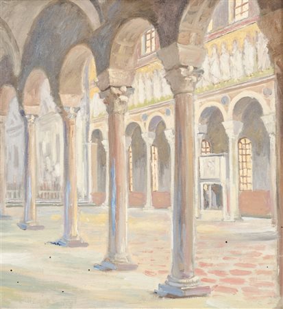 OLIO su faesite "interno di chiesa" entro cornice in legno intagliato e...