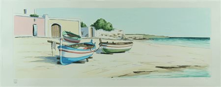 Aldo Riso incisione acquerellata a mano "Casa del pescatore", cm 35x100 F.to...