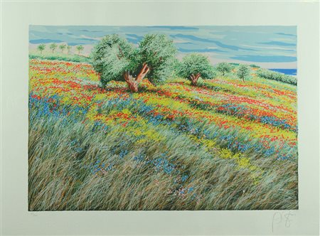 Franco Azzinari serigrafia "Arcobaleno nel prato", cm 60x80 F.to in b a dx...