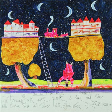 Francesco Musante tecnica mista su tavola "Il trenino della notte porta le...