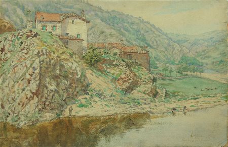 pittore francese dell''800 acquerello su carta senza titolo, cm 31x50 F.to in...