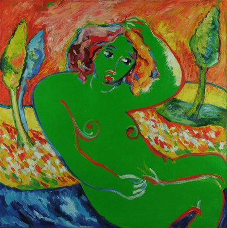 Mimmo Germanà olio su tela, 1989 "Nudo", cm 100x100 F.to sul bordo in alto Al...