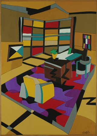 Ugo Nespolo acrilici su legno intarsiato, 1990 "Il salotto buono", cm 50x70...