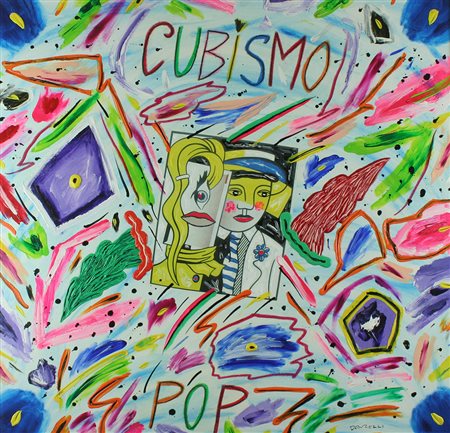 Bruno Donzelli tecnica mista su tela "Cubismo pop", cm 100x100 F.to in b. a...