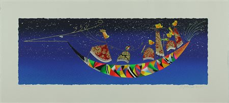 Meloniski serigrafia retouchèe "L'arca dei musicisti", cm 55x120 Opera...