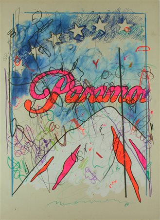 Enrico Manera tecnica mista su cartone, 1989 "Paramount", cm 100x70 Autentica...