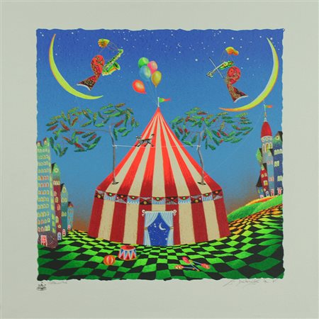 Meloniski serigrafia retouchèe "Circo magico", cm 70x70 Opera firmata in b a...