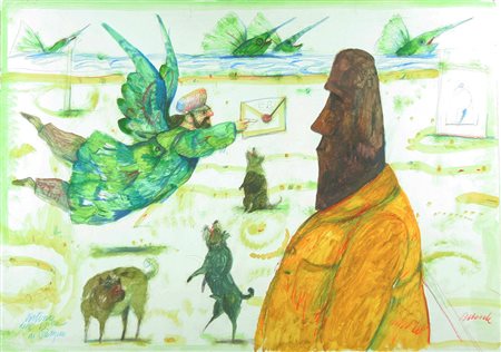 Antonio Possenti tecnica mista su cartone telato, 2001 "Postino dell'Isola di...