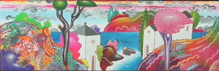 Luca Alinari olio su tela "Paesaggio futuristico", cm 19x59 Autentica...