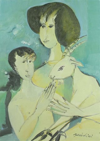 Remo Brindisi olio su tela, 1990 "Maternità", cm 70x50 Autentica dell'autore...