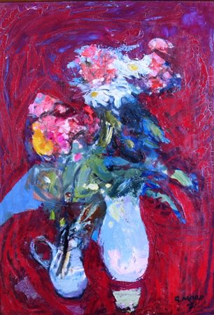 MORO GINO (Milano 1901 - Milano 1977) "Fiori su fondo rosso" 1971 Olio su...