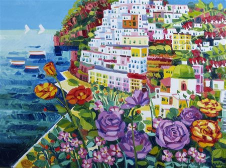 FACCINCANI ATHOS (Peschiera D/G 1951) "Positano e gioco di fiori" Olio su...