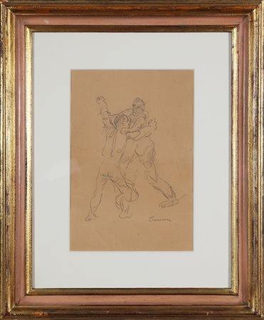 CARENA FELICE (1879 - 1966) Lotta. Matita su carta. Cm 20,00 x 30,00. Firma a...