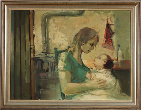 MAINARDI ELVIO (n. 1934) Maternità. . Olio su tela. Cm 80,00 x 60,00. Firma...