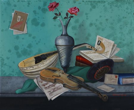 GAJONI ADRIANO (1913 - 1965) Natura morta con violino e mandolino. Olio su...