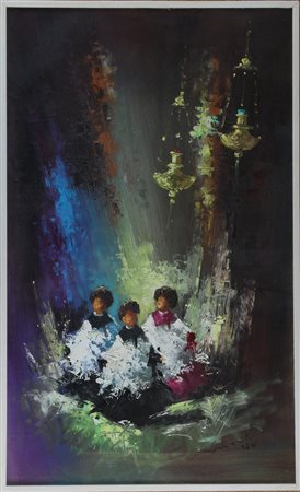 MONTI CESARINO (1916 - 1979) Chirichetti. . 1970. Olio su tavola. Cm 60,00 x...