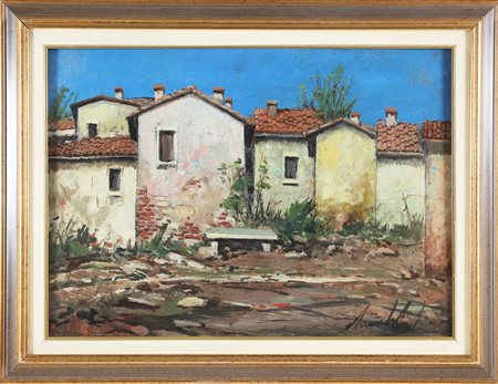 LAMBERTI LAMBERTO (1925 - 2003) Gruppo di case. Olio su masonite. Cm 70,00 x...