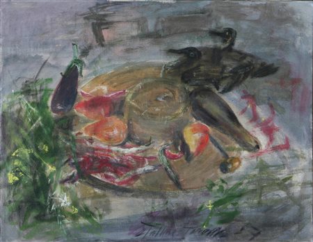TALLONE GUIDO (1894 - 1967) Cappello, frutta e anatre. 1957. Olio su tela ....