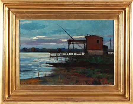 NATALI RENATO (1864 - 1947) Marina con pescatore. Olio su tavola. Cm 72,00 x...