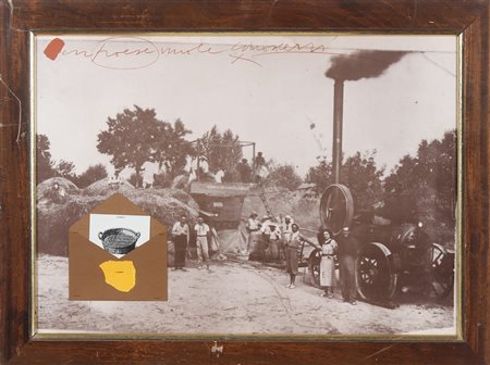 POZZATI CONCETTO (n. 1935) Un paese. Litografia e collage. Cm 70,00 x 50,00....