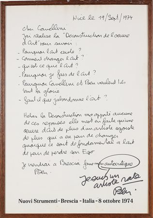 VAUTIER BEN (n. 1935) Je suis un artista nato. Pennarello su carta intelata....