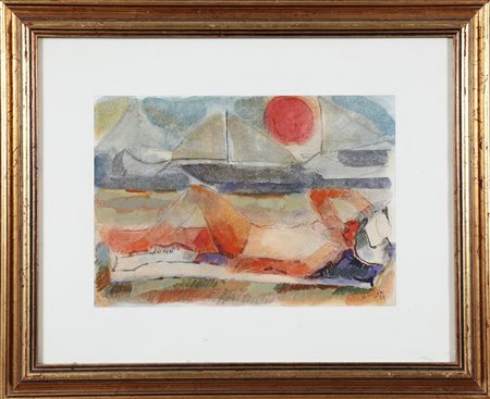 MASONI MAURO (1932 - 2014) Uomo a riposo. 1978. Acquarello su cartone. Cm...