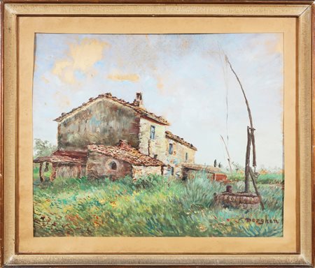 MORGHEN (XX SEC.) Casa colonica. Olio su cartone. Cm 60,00 x 50,00. Firma in...